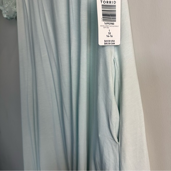 Torrid Super Soft Fit & Flare Dress 1X Pale Blue Embroidered Puff Sleeve NWT.B15 - Picture 7 of 10